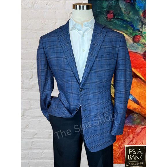 Jos A Bank Traveler Mens 44R Blue Burgundy Plaid Casual Sport Coat Blazer - Picture 1 of 14